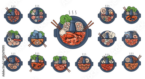 Set of hot pot and shabu-shabu icons in flat line art style featuring asian steamboat with shrimp meatballs and vegetables isolated on white background