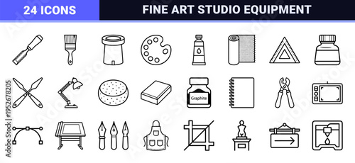 Art Studio and Digital Design Monoline Outline Symbols Featuring Creative Equipment, Fine Art Tools, and Software UI Elements in Minimalist Style.