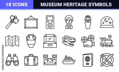 Cultural Heritage and Tourism Monoline Outline Symbols Featuring Museum Artifacts, Travel Essentials, and Historical Landmarks for Wayfinding