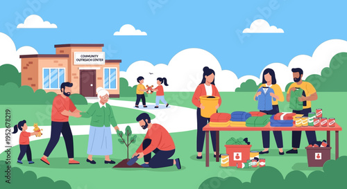 Diverse Community Members Volunteering at an Outdoor Event, Planting Trees and Collecting Donations