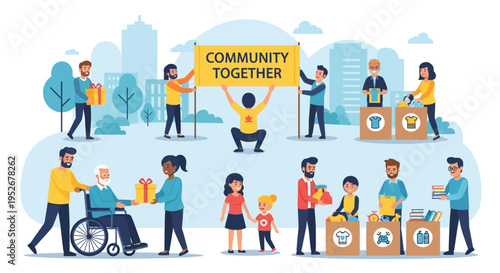 Diverse Community Members Volunteering and Collecting Donations with a "Community Together" Banner in a City