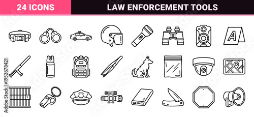 Law Enforcement and Public Safety Monoline Symbolism Featuring Minimalist Technical Outlines for Security and Emergency Services Interface Design