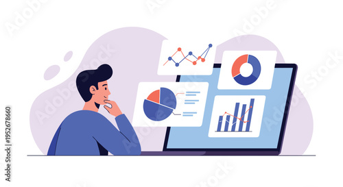 Financial data analysis concept featuring a man at a computer screen looking at various colorful charts and pie graphs.