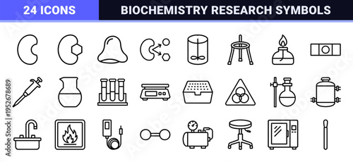 Biochemistry and Laboratory Research Technical Monoline Outline Symbols for Scientific Analysis, Biotech Engineering, and Enzyme Kinetic Studies