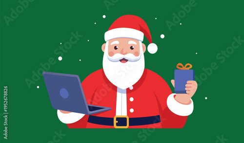 Santa claus holding a laptop and a gift box with a green background