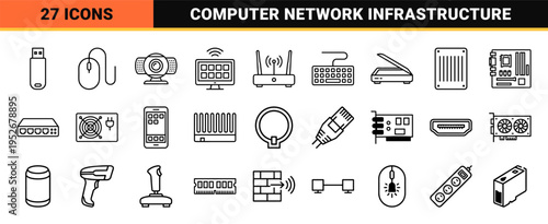 Technical Digital Hardware and Network Infrastructure Monoline Outline Symbols for Professional Computing and Information Technology Systems