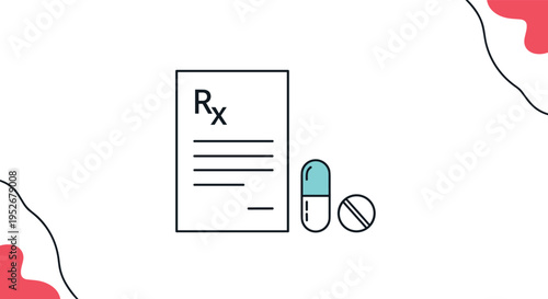Healthcare medication concept showing a medical prescription document with a capsule and a pill on a minimalist background.
