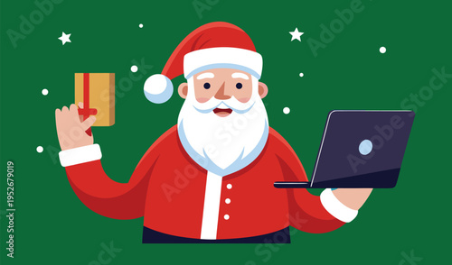 Santa claus holding a gift and a laptop on a green background