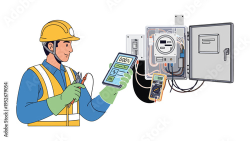 Energy Inspector's Digital Assessment: A diligent energy inspector, equipped with protective gear, utilizes a digital tablet to meticulously assess a complex electrical panel.