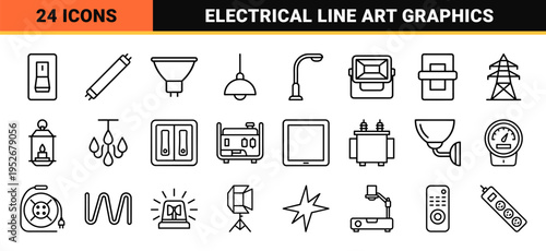 Electrical Engineering and Illumination Neo-Line Art Symbols Featuring Minimalist Light Bulb and Power Energy Concepts for Technical Design.