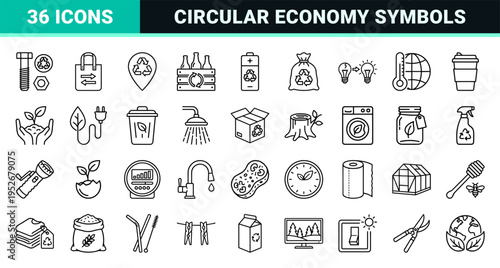 Circular Economy and Sustainable Waste Management Monoline Symbols Featuring Recycling Processes and Eco Friendly Infrastructure Technical Line Art