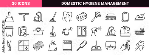 Professional Sanitary Maintenance and Domestic Hygiene Monoline Symbols for Commercial Cleaning Services and Household Housekeeping Applications
