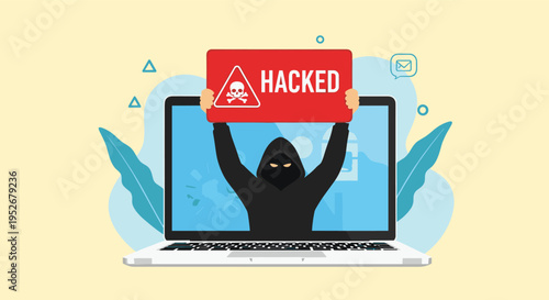 Unauthorized network access concept with a hacker emerging from a laptop screen while holding a red hacked warning sign.