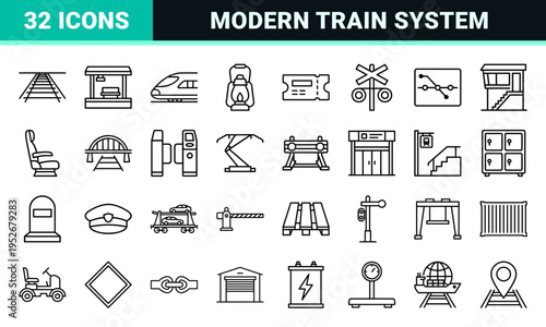 Professional Rail Logistics and Passenger Transport Monoline Symbols featuring Technical High-Speed Train and Freight Infrastructure Outlines.
