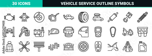 Automotive Service and Car Repair Maintenance Minimalist Monoline Vector Outline Symbol Set for Technical Manuals and Digital Interfaces