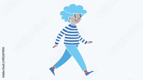 Blue Line Art Vector Illustration of Woman with Beret, Baguette, and Wine Glass