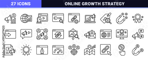 Digital Marketing and SEO Optimization Monoline Icon Set featuring Search Analytics, Content Strategy, and Social Media Visibility Symbols.