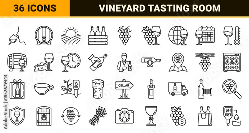 Oenology and Viticulture Monoline Outline Icons featuring Wine Production, Tasting Rituals, Vineyard Management, and Sommelier Equipment Assets.