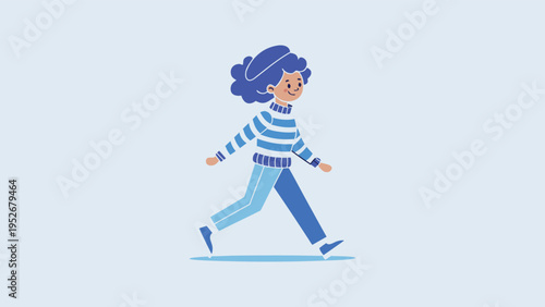 Blue Line Art Vector Illustration of Woman with Beret, Baguette, and Wine Glass