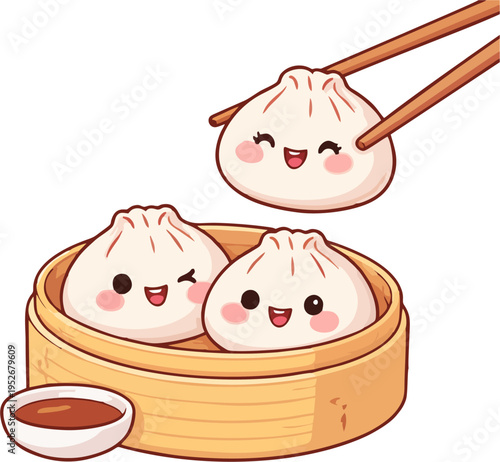 Cute Kawaii Chinese Dumpling Characters in Bamboo Steamer with Chopsticks - Adorable Cartoon Food Illustration