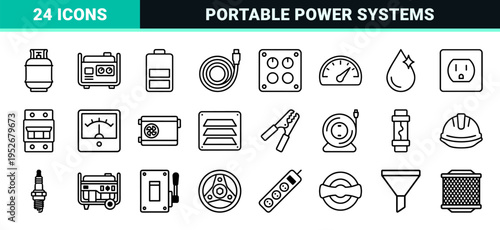 Technical Monoline Portable Power Generator Symbols featuring Industrial Engine Components and Backup Energy Equipment for Commercial Utility Systems.