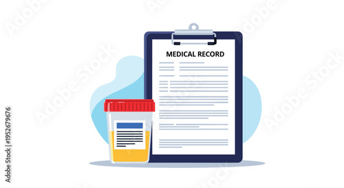 Healthcare laboratory testing concept featuring a medical record clipboard next to a specimen container for urine analysis.