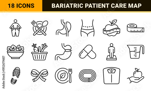 Weight Loss Journey and Bariatric Surgery Monoline Art; Minimalist Medical Outline Symbols for Fitness Progress and Healthcare Monitoring.