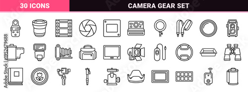 Professional Photography Equipment and Optical Gear Outline Set in Technical Monoline Style for Digital Studio and Darkroom Hardware Workflows.