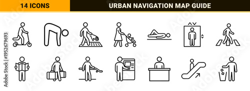 Professional Wayfinding Monoline Graphics for Urban Navigation and Human Activity Featuring Minimalist Kinetic Motion and Accessibility Symbols