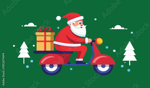 Santa claus riding a scooter delivering presents on a green background