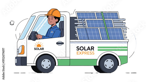 Solar Energy Delivery: A skilled worker in a delivery truck, transporting solar panels, promoting renewable energy solutions and a sustainable future.