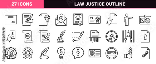 Legal Documentation and Judicial Services Monoline Icon Set featuring Minimalist Outline Symbols for Law, Contracts, and Justice Systems.