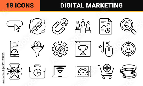 Marketing Automation and Digital Strategy Minimalist Monoline Outlines for SEO, Content Optimization, and Conversion Rate Performance Analysis