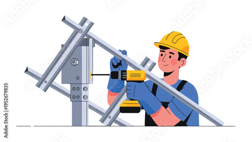 Worker and Construction: a construction worker uses a drill to fix a frame, symbolizing the process of building and the people involved in the construction industry.