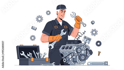 Mechanic at Work: A skilled mechanic meticulously examines an engine, a toolbox at his side, showcasing expertise and precision in the realm of automobile repair and maintenance.