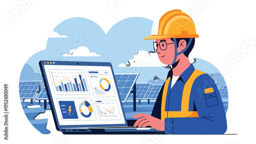Engineer's Solar Analysis: A dedicated engineer, wearing a safety helmet and glasses, meticulously analyzes data on a laptop amidst a field of solar panels.