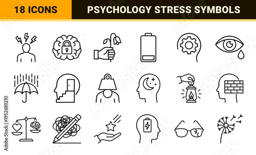 Mental Health and Cognitive Stress Monoline UI Elements featuring Anxiety, Burnout, and Psychological Wellness symbols in refined black-and-white.