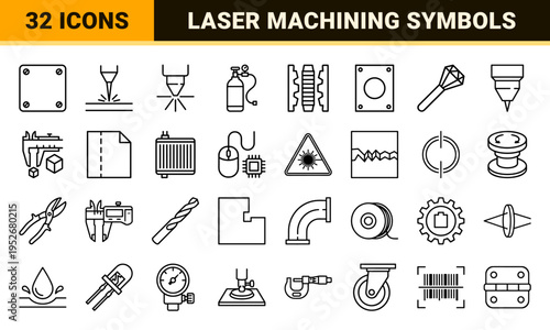 Industrial Laser Cutting and CNC Fabrication Line Icons Featuring Technical Machining Tools and Precision Manufacturing Equipment Symbols