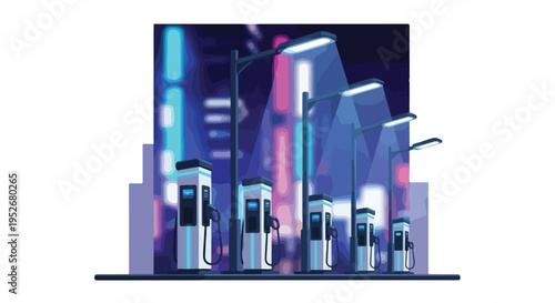 Electric Vehicle Charging Stations in a Modern Urban Environment with Neon Cityscape Background, Illustrating Sustainable Transport and Future Technology