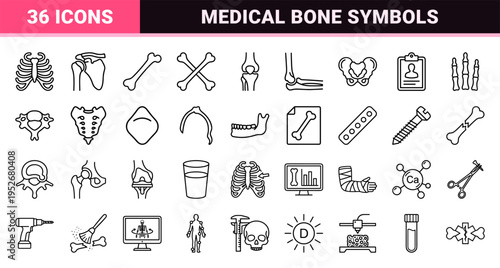 Human Skeletal Anatomy and Orthopedic Surgery Monoline Icons; Minimalist Radiology Symbols for Medical Education and Healthcare Interfaces