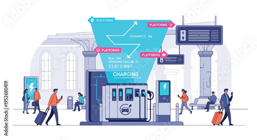 Futuristic Electric Vehicle Charging Station at a Modern Train Station with Augmented Reality Display for Smart Travel Solutions