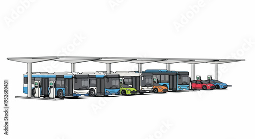 Modern electric and hybrid buses and cars charging at a futuristic station, showcasing sustainable urban transportation and green technology.