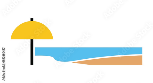 Yellow beach umbrella on sandy shore with blue ocean in sunny daytime for travel advertising