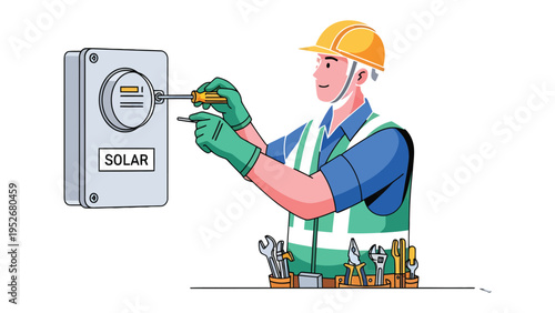 Energy Efficiency Technician: A skilled technician working meticulously on a solar panel meter, embodying dedication to sustainable energy solutions.