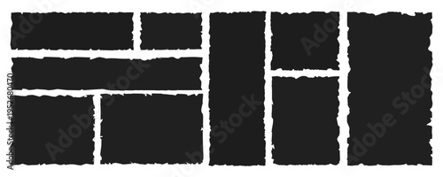 Vector set of ripped paper pieces. Black jagged rectangle frames, scrap silhouettes, grunge texture shapes for collage, sticker, banner, label. Isolated on white background