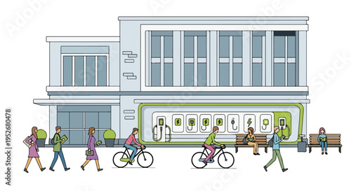 Modern city building with electric vehicle charging stations, people walking and cycling, showcasing urban sustainability and eco-friendly transport infrastructure.