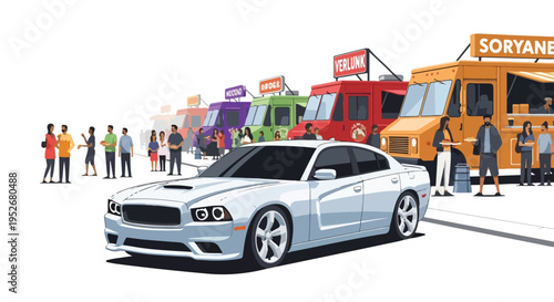Sleek white sports sedan positioned at a bustling outdoor food truck event, showcasing a variety of colorful mobile eateries and happy customers.