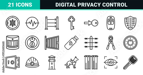Security System Monoline Art Featuring Access Control Keys and Surveillance Symbols for Technical Interface Design and User Navigation.