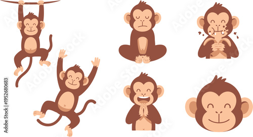 Monkey cartoon character set isolated vector