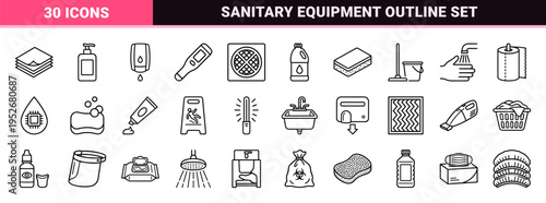 Professional Sanitation and Hygiene Equipment Monoline Outline Symbols for Healthcare and Industrial Safety Protocol Graphics.